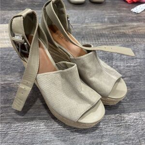 Beige Peep-Toe Wedge Sandals